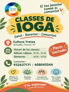 🧘 Comencem aquesta setmana! 🌞
Comencen les nostres classes de Ioga per a totes les edats. Una manera senzilla de cuidar la salut, moure’t al teu ritme i compartir una bona estona.
🗓️ Horaris
Dilluns o dijous: de 18.30 a 19.30 h
Dimecres: de 14.00 a 15.00 h
📍 Cultura Tretze, Amadeu Torner, 57 (L’Hospitalet)
Inscripció necessària: 10 € (vàlida durant un any)
Pagament mensual:
20 € (una classe setmanal)
35 € (dues classes a la setmana)
Classes soltes: 5 €
✅ Places disponibles
📞 932 637 171 / 684 769 141
Envia aquest missatge a aquell amic o amiga que ho necessita! 🤗